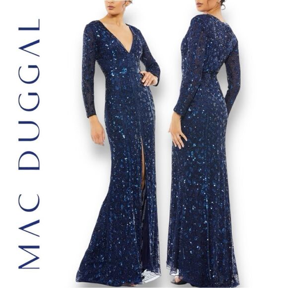 MAC DUGGAL Women’s Embellished Front Slit Long Sleeves Gown in the Size 16 - Picture 1 of 13